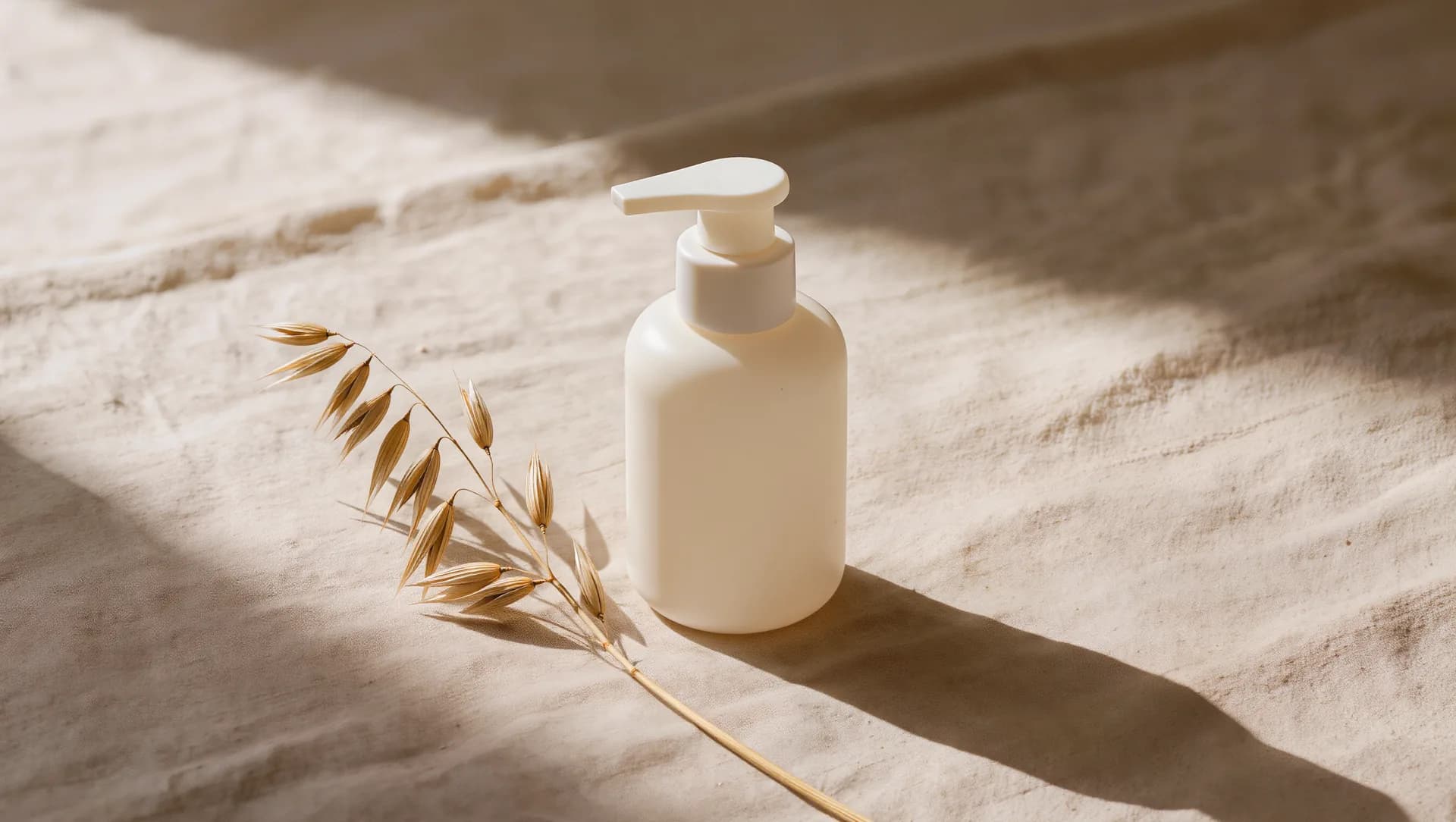 A soft cream skincare bottle on warm linen in morning light