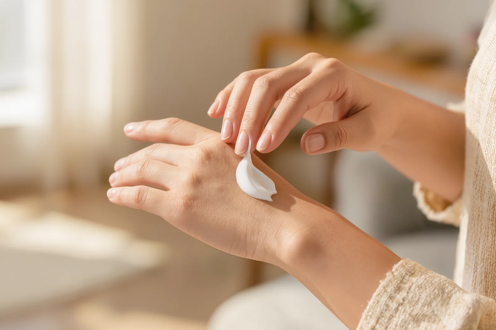 Cream being smoothed onto the back of a hand in soft daylight